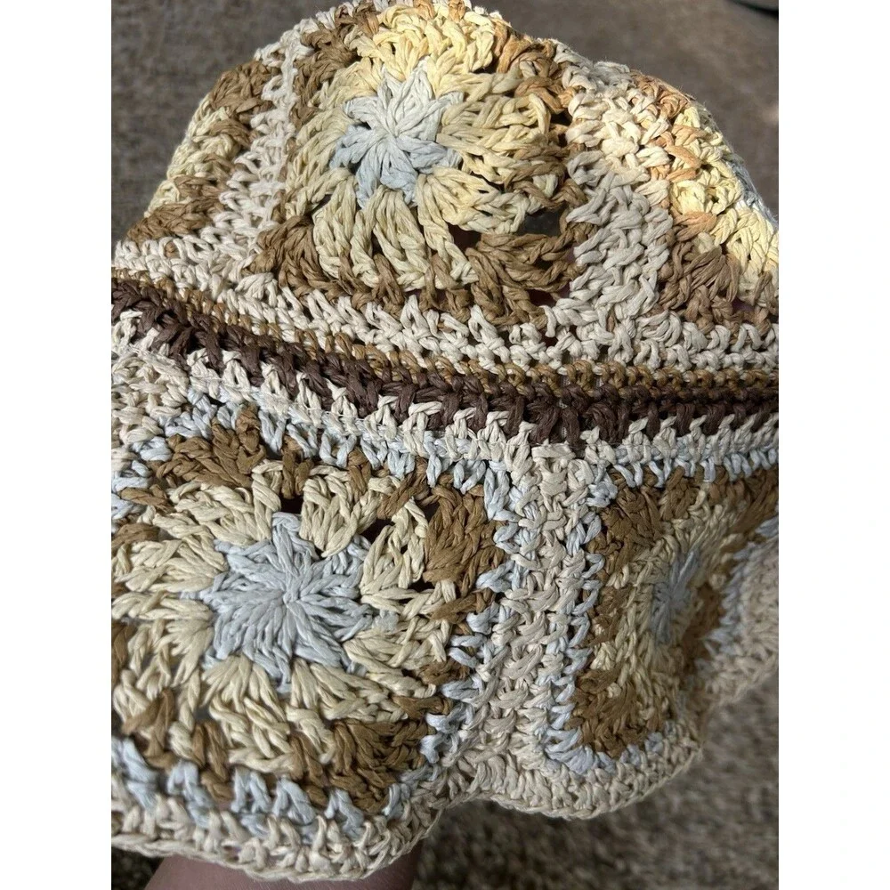 Steve Madden Crochet Straw Hat Granny Square Boho Hippie 70s Style Beach OS